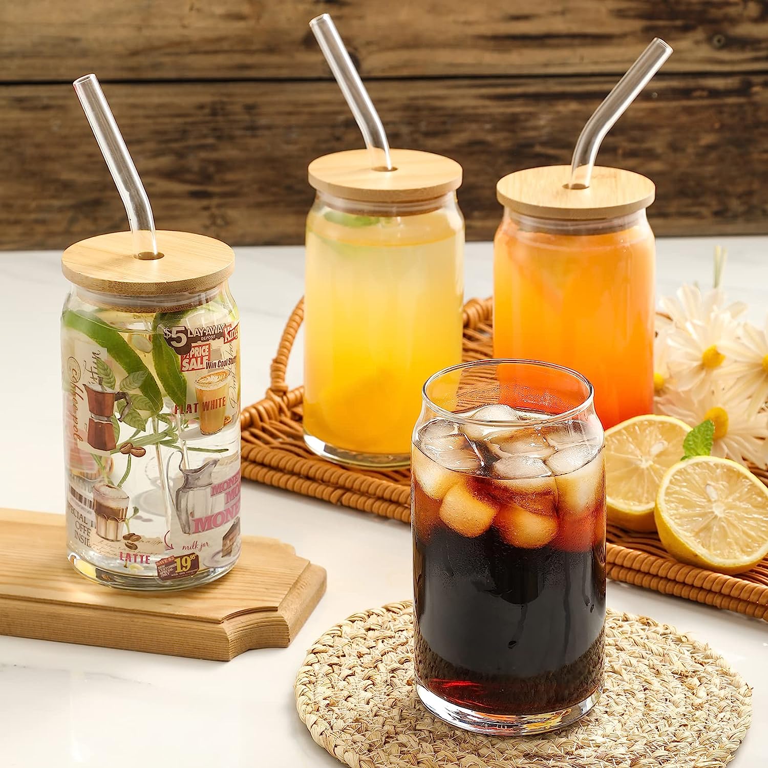 [ 6pcs Set ] Glass Cups with Bamboo Lids and Glass Straw - Beer Can Shaped Drinking Glasses, 16 oz Iced Coffee Glasses, Cute Tumbler Cup for Smoothie, Boba Tea, Whiskey, Water - 2 Cleaning Brushes - Image 4